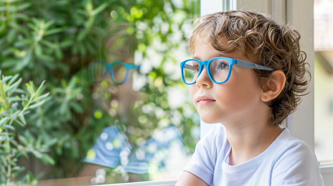 Kid looking out the window wearing Stellest Lenses for Myopia Management